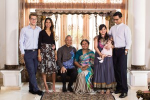 Ravindran with his family, from left: son-in-law Nicolas Mathier, daughter Prashanthi, wife Vanathy, daughter-in-law Neesha, granddaughter Raika and son Krishna.