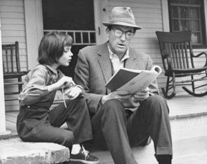 Scout, with her father Atticus, in the film.