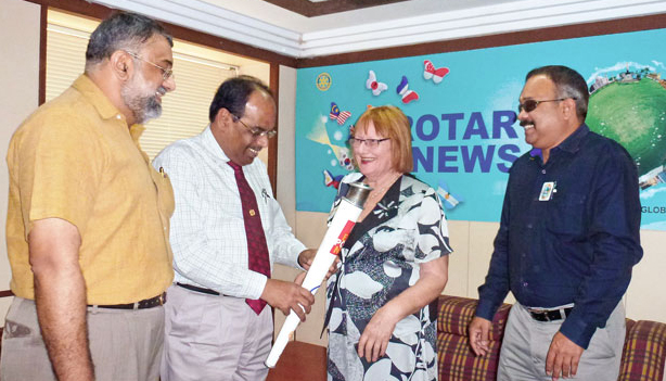 Rtn M K Gopinath, IPDG ISAK Nazar, Rtn Susanne Rea and PDG S P Balasubramaniam at the Rotary News Trust office in Chennai.