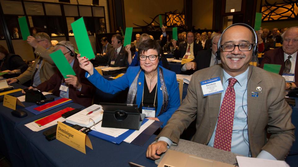 Council member Dominque Dubois holds up a green card to indicate support of a motion while Sandeep Nurang ponders his response during the 2016 Council on Legislation. Photo Credit: Monika Lozinska.