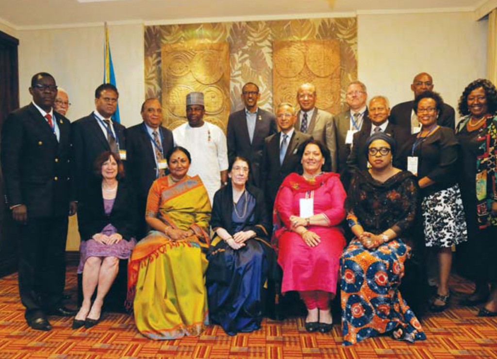 RI President K R Ravindran, PRIP Rajendra K Saboo, Vanathy Ravindran, Usha Saboo and Sir Emeka Offor of Nigeria (in white) met the President of Rwanda, Paul Kagame (fourth from left), at Rwanda. They were participating in the Rotary Medicare Mission in Kigali. The leaders discussed Rotary’s contribution to various welfare projects in Rwanda. 