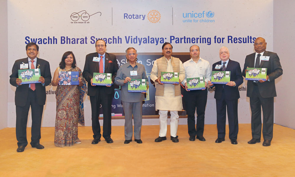 (From Right): RIDE C Basker, TRF Trustee and WinS Global Chair Sushil Gupta, HRD Secretary Manish Garg, Minister of State for Culture and Tourism Dr Mahesh Sharma, PRIP Rajendra Saboo, Wins Vice Chair P T Prabhakar, UNICEF WASH expert Mamita Boara Thakker and PDG Ramesh Aggarwal.
