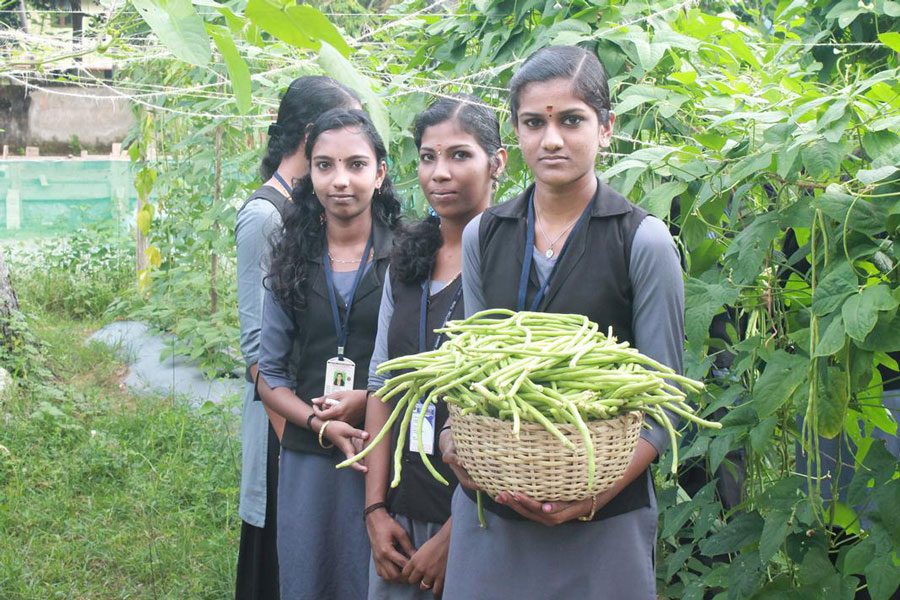 The ITI students display their basket of vegetables.