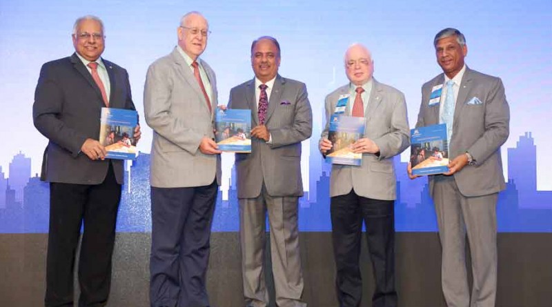 From left: RID Manoj Desai, RI President John Germ, RILM Chair Shekhar Mehta, WinS Global Chair Sushil Gupta and PRID Y P Das releasing the RILM’s Annual Report at the DDZI.