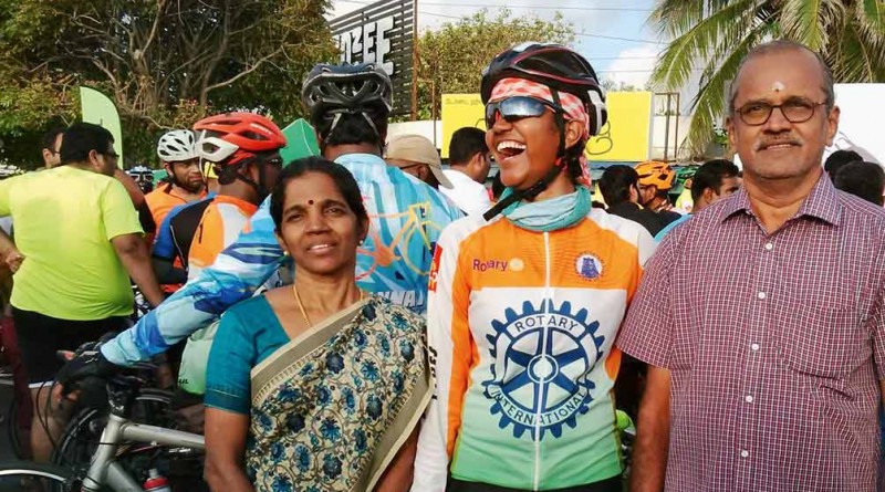 Porkodiyal Chidambaram, the only woman cyclist in the group, with her parents.