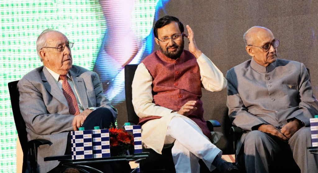 (From left) RI President John Germ, HRD Minister Prakash Javadekar and TRF Trustee Chair Kalyan Banerjee.