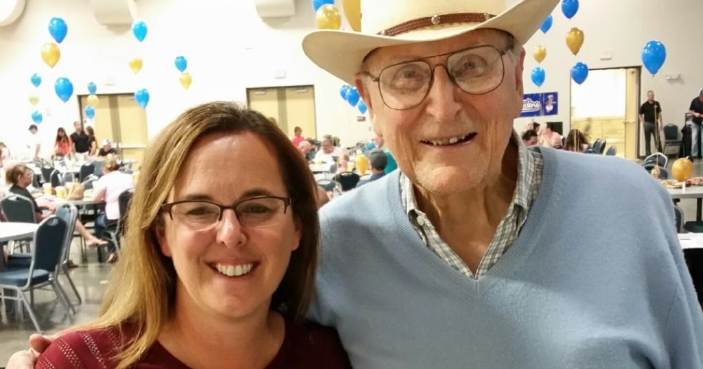 Cleburne Rotary Club President Renee Brockett (left) with fellow Rotarian Lowell 'Stretch' Smith at the fish fry in 2016.
