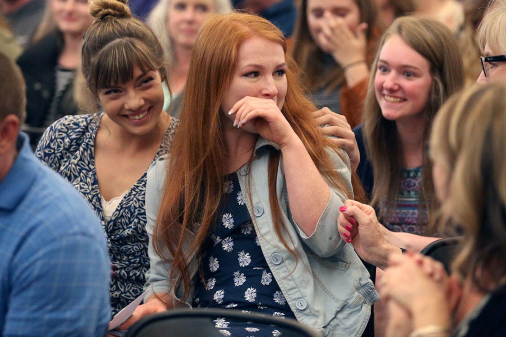 Juliana Cameron (centre) is congratulated after receiving a $15,000 scholarship at Marysville Arts and Technology High School. Sponsored by the Marysville Rotary Club, more than $120,000 in scholarships were awarded during the annual ceremony. Photo: Kevin Clark, The Herald 