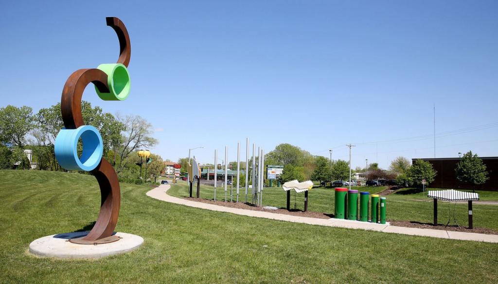 The Rotary Club of Bettendorf has created a new educational outdoor space, Rotary Row, at Faye’s Field. The area features five permanent large outdoor musical instruments, including hand drums and four aluminum chimes. (Photo: Kevin E Schmidt)