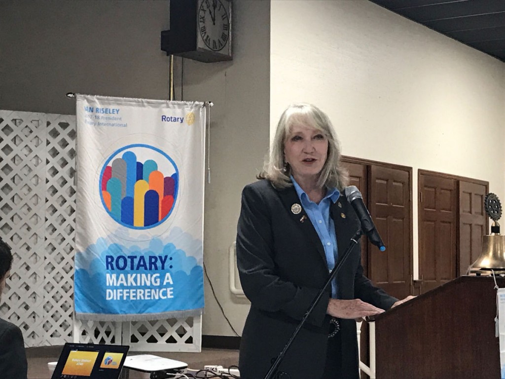 New District Governor Cheryl Spriggs addresses the Ashland Rotary Club. She explains the benefits of being in Rotary International and the goals for the year. Photo: Glenn Puit