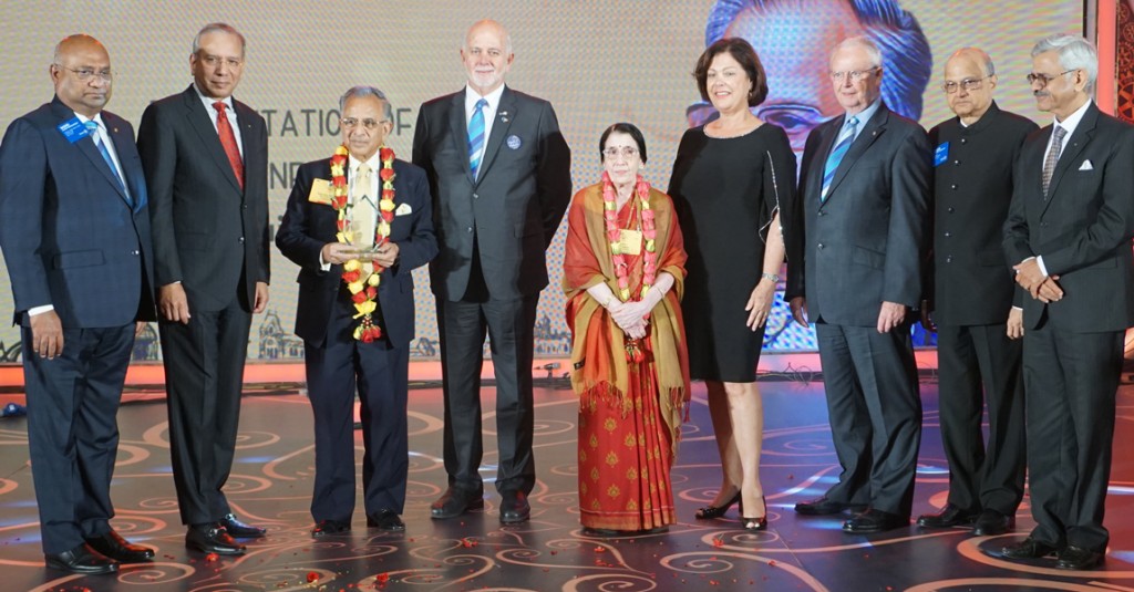 PRIP Rajendra K Saboo and Usha being honoured with the PolioPlus Pioneer Award in the presence of (from L) RID C Basker, PRIP K R Ravindran, RI President Barry Rassin, Esther, TRF Trustees Mike Webb and Gulam Vahanvaty, and INPPC Chairman Deepak Kapur.