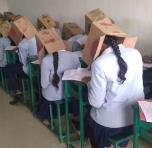Writing out-of-the-box A college in Karnataka was issued showcause notice for a weird experiment. When students of the Bhagat PU College in Haveri arrived for their midterm exam, they were given modified cartons to wear over their heads. The college administrator had devised this demeaning attempt to check copying among students. The cartons had opening on one side to enable the students to see their answer sheets and not on the sides. The administrator landed in trouble after he posted on WhatsApp a picture of the students writing their exams with these contraptions. When brought to the notice of the Deputy Director of Pre-University Education, he immediately visited the college and stopped the students’ torture. 