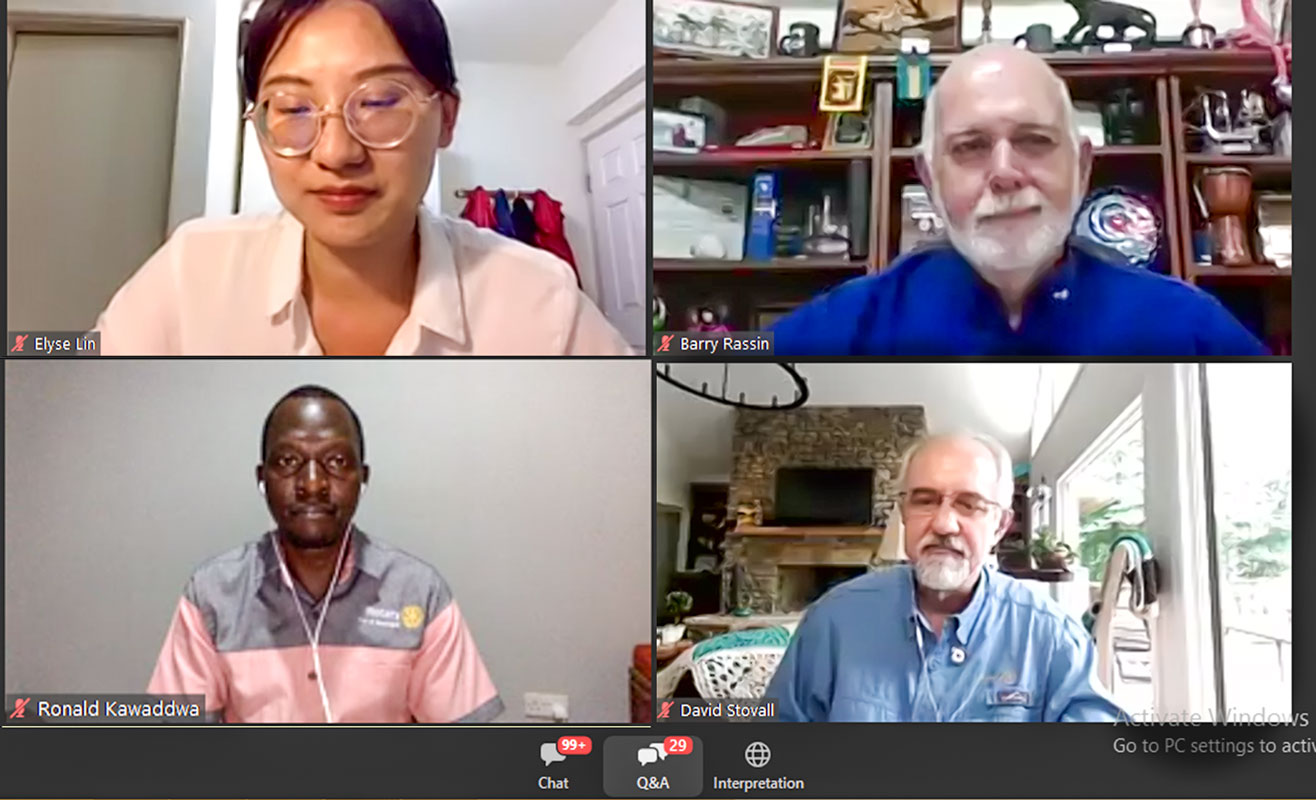 Clockwise from top L: Rtr Elyse Lin, PRIP Rassin, Elevate Task Force Chair Stovall and Rtn Ronald Kawaddwa in a Breakout session during the RI Virtual Convention.