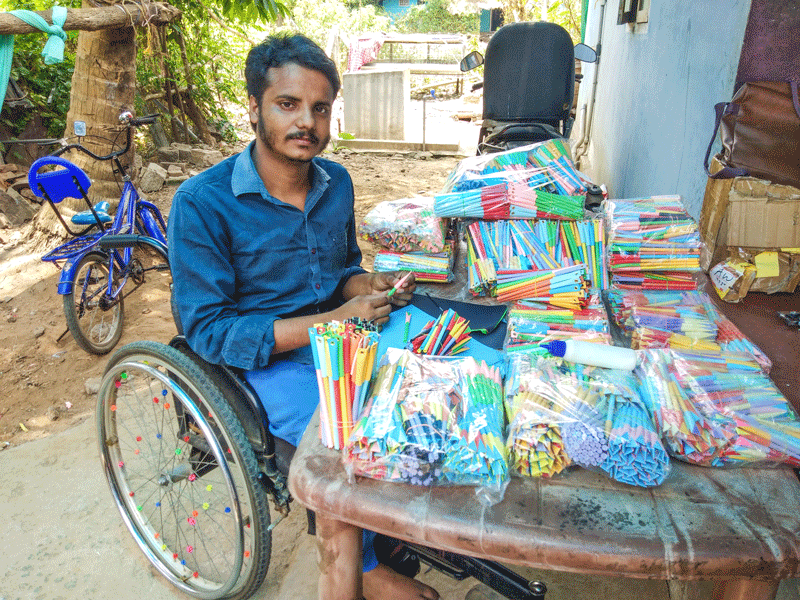 Wheelchair-bound Sharaffudeen makes and sells eco-friendly pens and pencils.