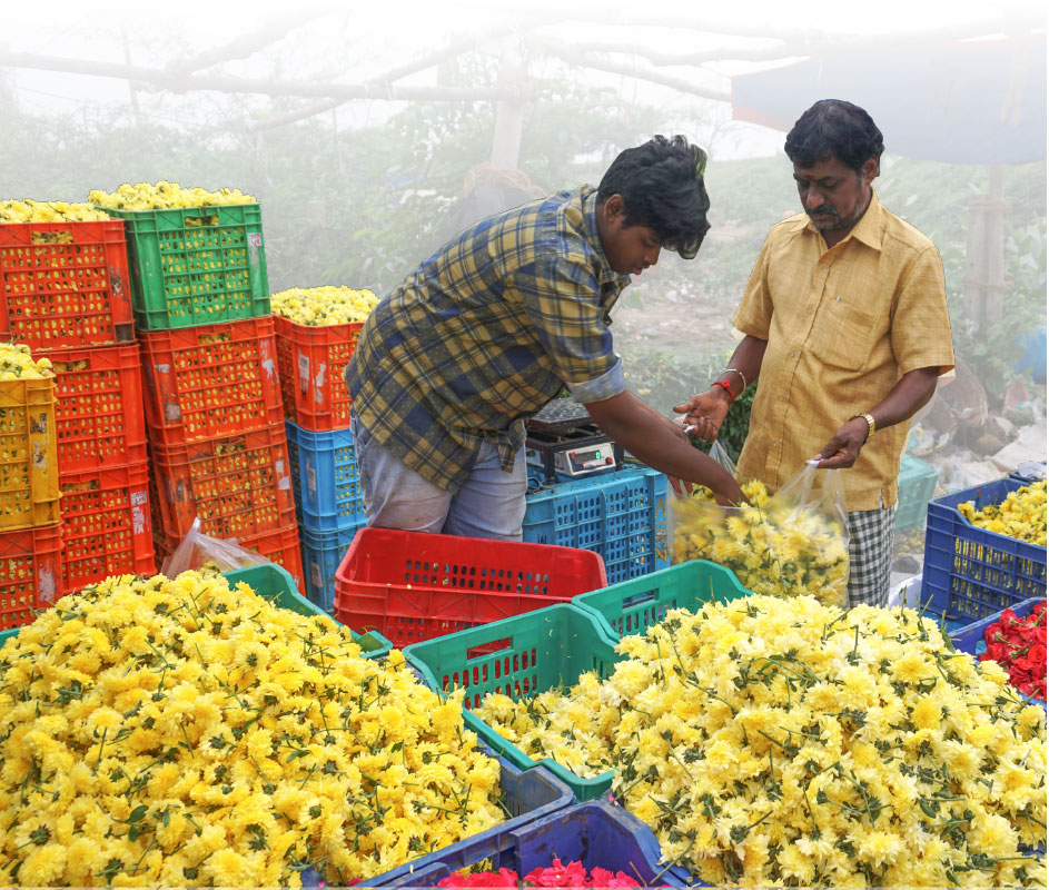 Vendors at the wholesale flower market at Madhavaram, Chennai.