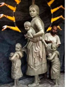 Goddess Durga as migrant mother  Barisha Club’s Durga Puja Committee in Kolkata is paying a tribute to migrant workers with a statue depicting the goddess as a migrant mother with her children. The installation of the statue highlights the plight of migrant workers who were left without jobs and forced to walk hundreds of kilometres home during the lockdown. Rintu Das, the sculptor, has gained a lot of online appreciation for creating the statue.