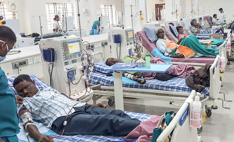 Patients undergoing dialysis at the Bangalore Kidney Foundation.