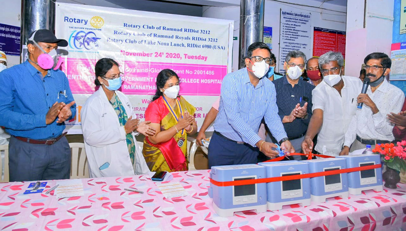 Ventilators being handed over to the Ramanathapuram Government Medical College Hospital.