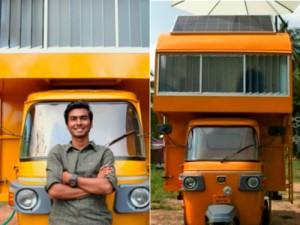 A mobile home on autorickshaw A Chennai-based architect Arun Prabhu N G converted an autorickshaw into a mobile home which went viral on social media. The architect wanted to demonstrate the efficient use of space. His design drew praise from Anand Mahindra, chairman of Mahindra Group. Sharing a post about Prabhu’s mobile home, the business tycoon tweeted “I’d like to ask if he’ll design an even more ambitious space atop a Bolero pickup. Can someone connect us?” The home built at the cost of `1 lakh can accommodate a single person and has solar panels, a water tank, batteries, cupboards, doors, a staircase, a toilet, a lounge area, bedroom and a workspace.