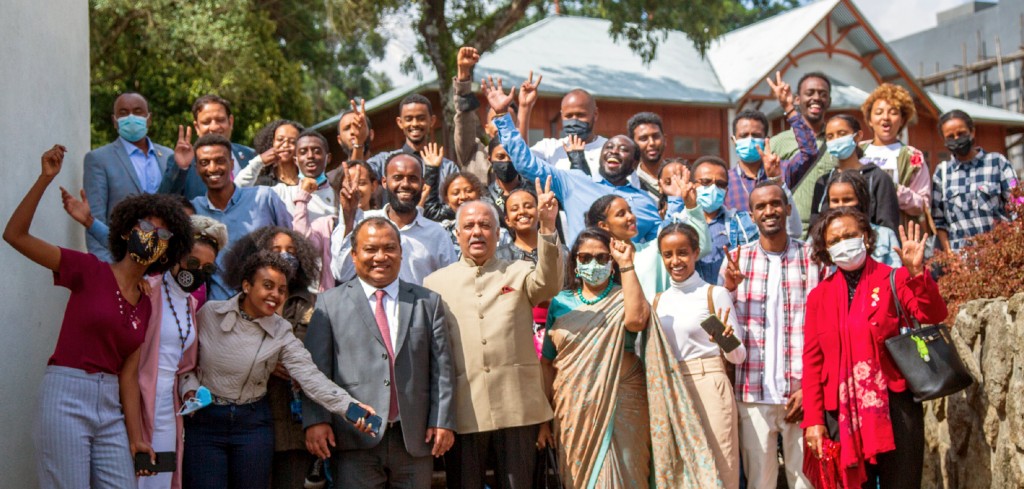 RI President Mehta and Rashi with Rotaractors in Ethiopia