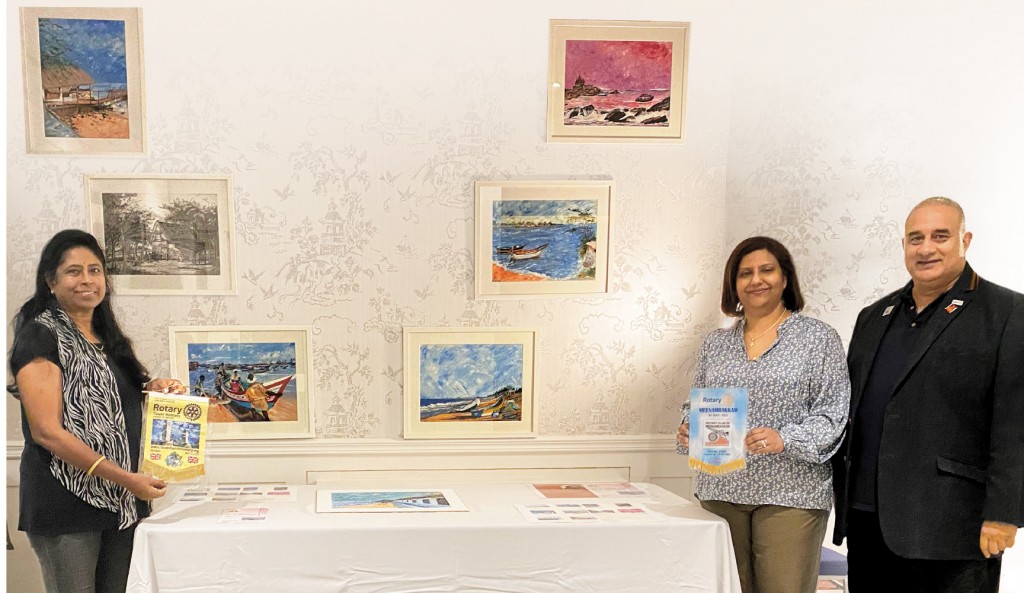 B Dakshayani, Director - Fundraising, Sharmila Natarajan, President, RAG - Menstrual Health and Hygiene; and PDG Tony Sharma, RID 1130, at the exhibition in Kingston, UK. 