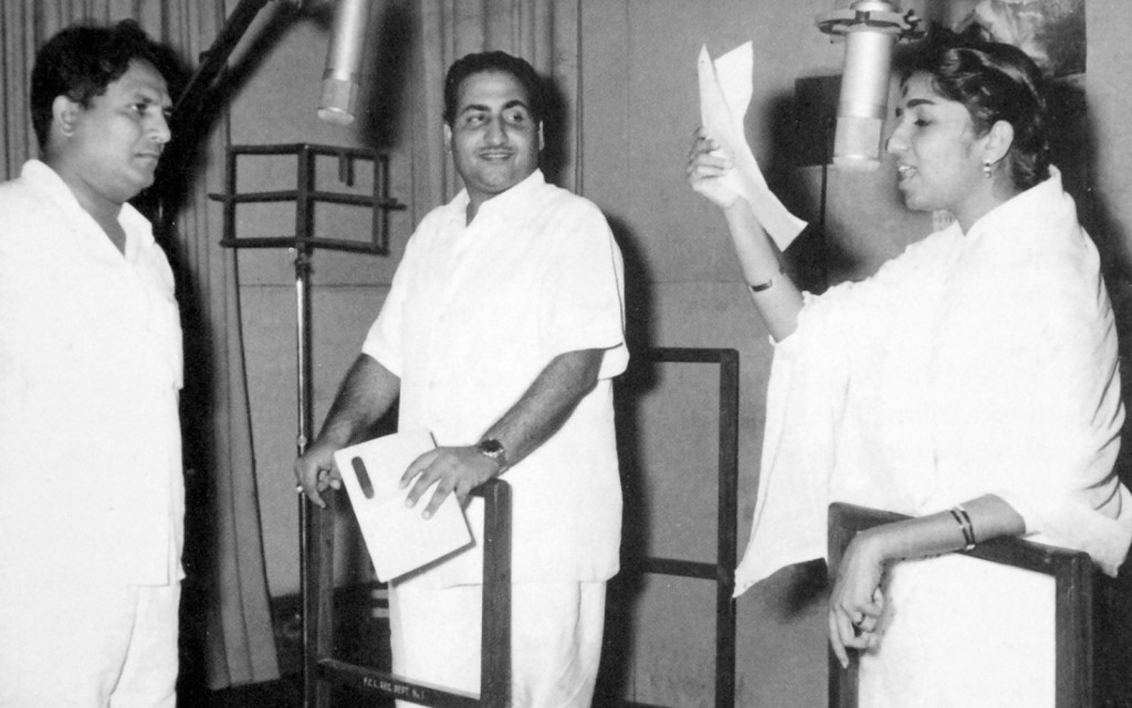 At a song recording session with Mohammed Rafi and music composer Shankar.