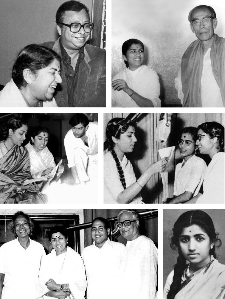 Clockwise: Sharing a lighter moment with composer R D Burman ∙ With music composer S D Burman ∙ Lata with her sisters Meena and Usha ∙ A young Lata ∙ With Naushad, Mohammed Rafi and Majrooh Sultanpuri ∙ Raj Kapoor, Lata and Geeta Dutt.