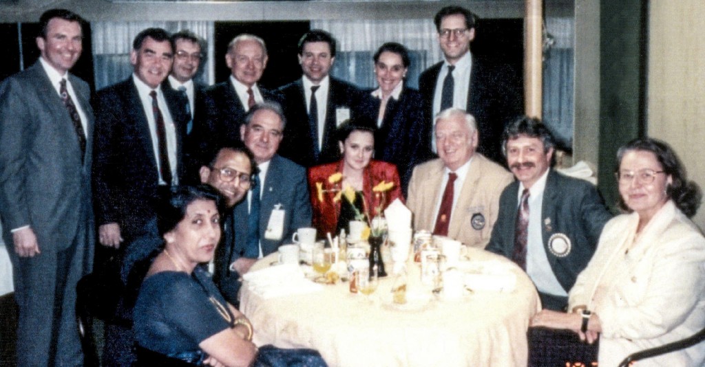 PRIP Rajendra Saboo and Usha (seated, left) with Rotarians in Ukraine in 1992. RI General Secretary John Hewko and his wife Margarita are seen standing on the extreme right, and his father Rtn Lubomyr Hewko is seen standing fourth from right.