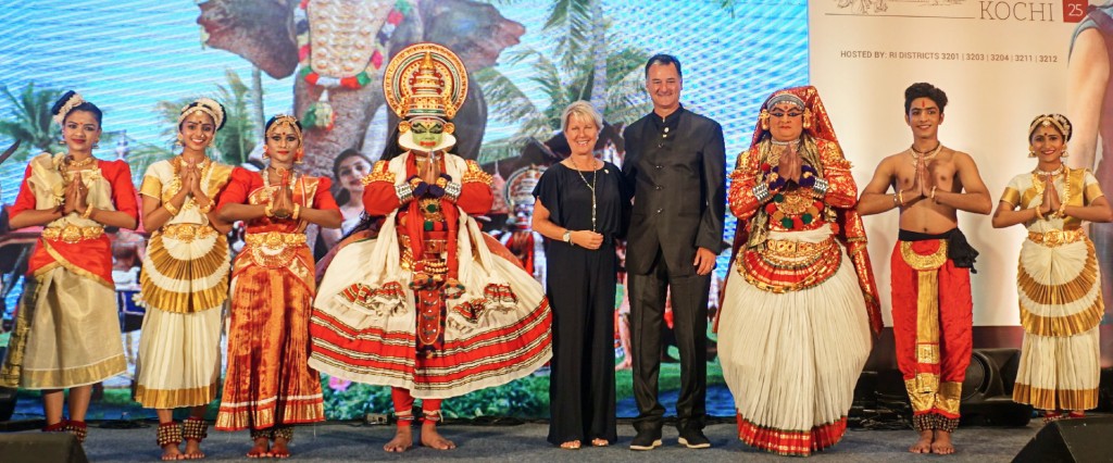 President Jones and her spouse DGN Nick Krayacich with dancers in Kochi, Kerala.