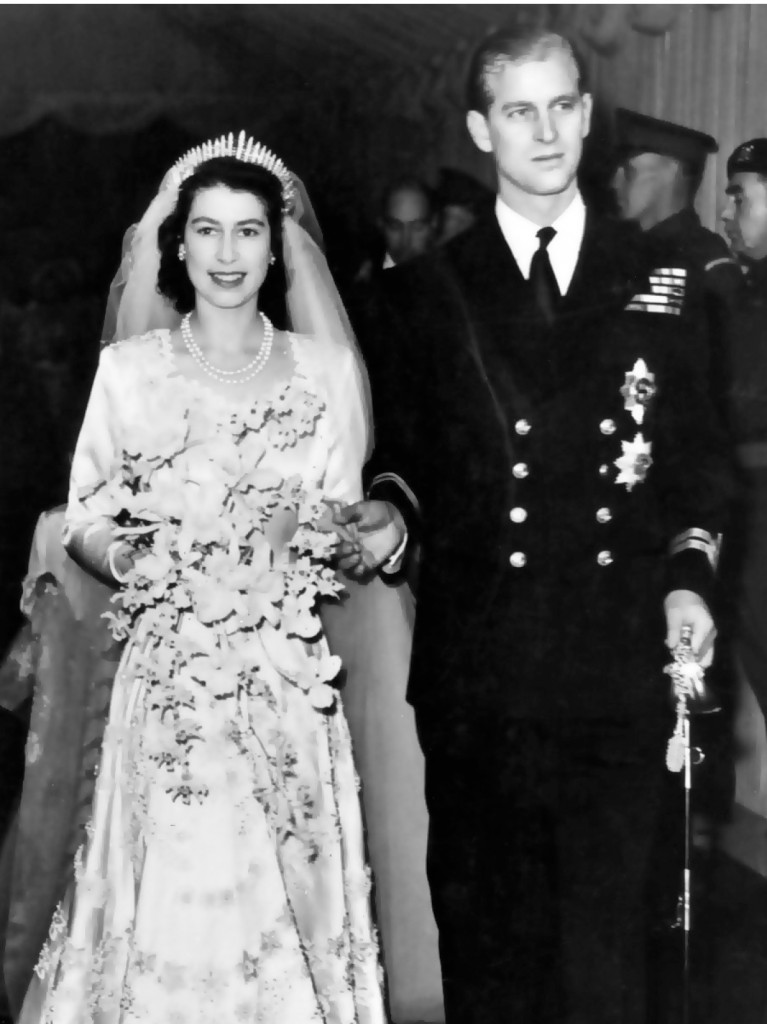 Queen Elizabeth II with Prince Philip on their wedding. 