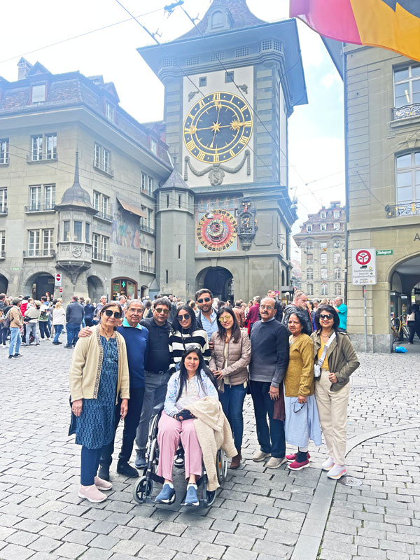 Sunita Sancheti and her family in front of the famous clock tower, Zeitglockenturm, in Switzerland’s capital Bern.
