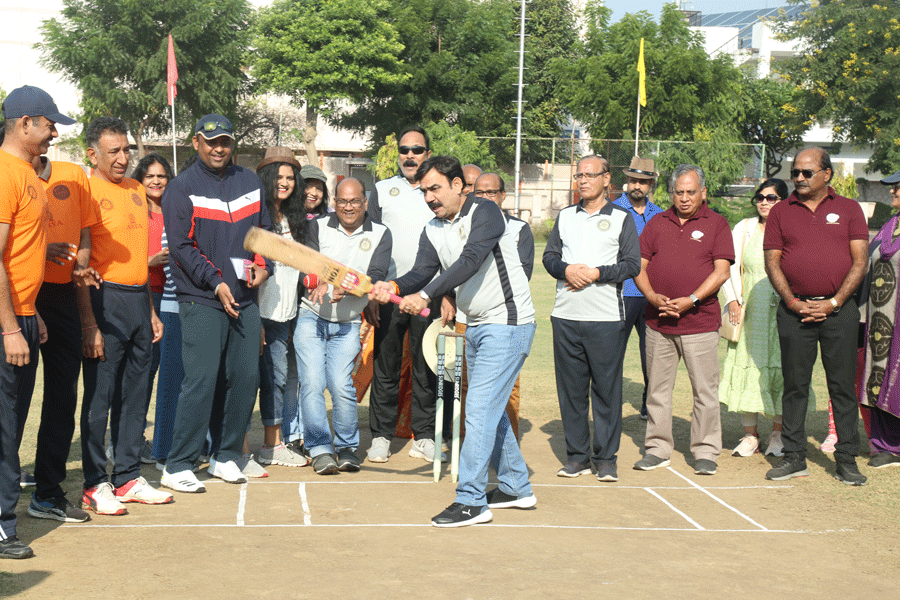 DG Balwant Singh Chirana playing a shot at the cricket tournament.