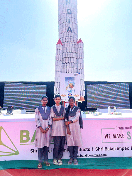 Students in front of the ISRO Rocket Launcher stall.