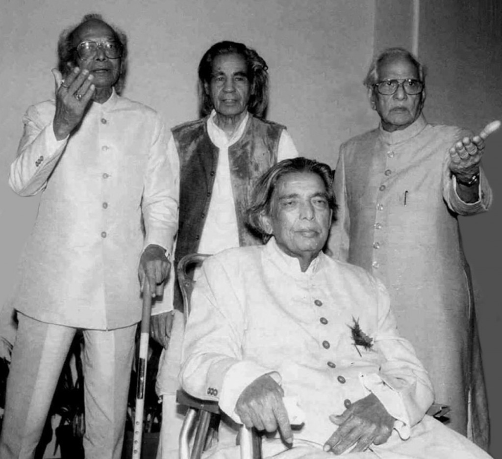With stalwarts of Urdu poetry — Ali Sardar Jafri, Majrooh Sultanpuri and Kaifi Azmi (seated).