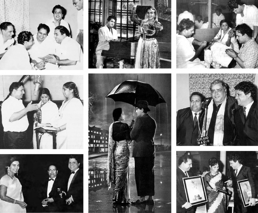 Clockwise from top left: Shankar and Jaikishan with Rafi and other musicians; Jaikishan in the movie Begunah; Shankar, Lata, Jaikishan and Mukesh; S J with Prithviraj Kapoor; Sharda with S J after winning an award for film Suraj; Nargis and Raj Kapoor in a still from Shree 420; with Nutan, after receiving the Filmfare award for Best Music Directors for the film Suraj; Shankar with Lata Mangeshkar and Asha Bhosle. 