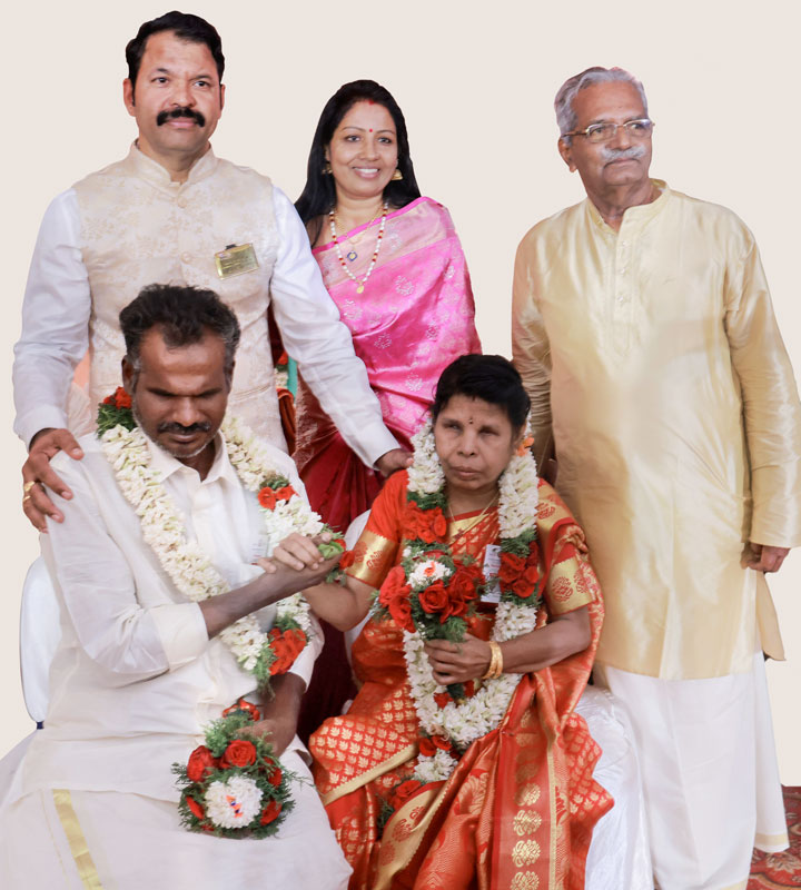 DG K Babumon, his wife Beena and Project Parinayam coordinator Col K G Pillai with a newly-wed blind couple. 