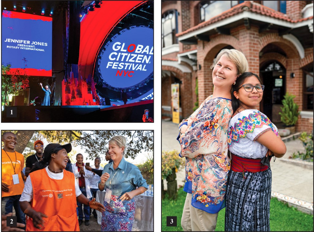 1. At the Global Citizen Festival in New York City, RI President Jennifer Jones announces that Rotary will commit an additional $150 million to the Global Polio Eradication Initiative. 2. Visiting Zambia in August, Jones talks with health workers participating in Partners for a Malaria-Free Zambia, the recipient of Rotary’s first Programs of Scale grant. 3. Jones stands shoulder-to-shoulder with Lucky Johana Mishel Chutá Simón, a student she met during a tour of the Guatemala Literacy Project. 