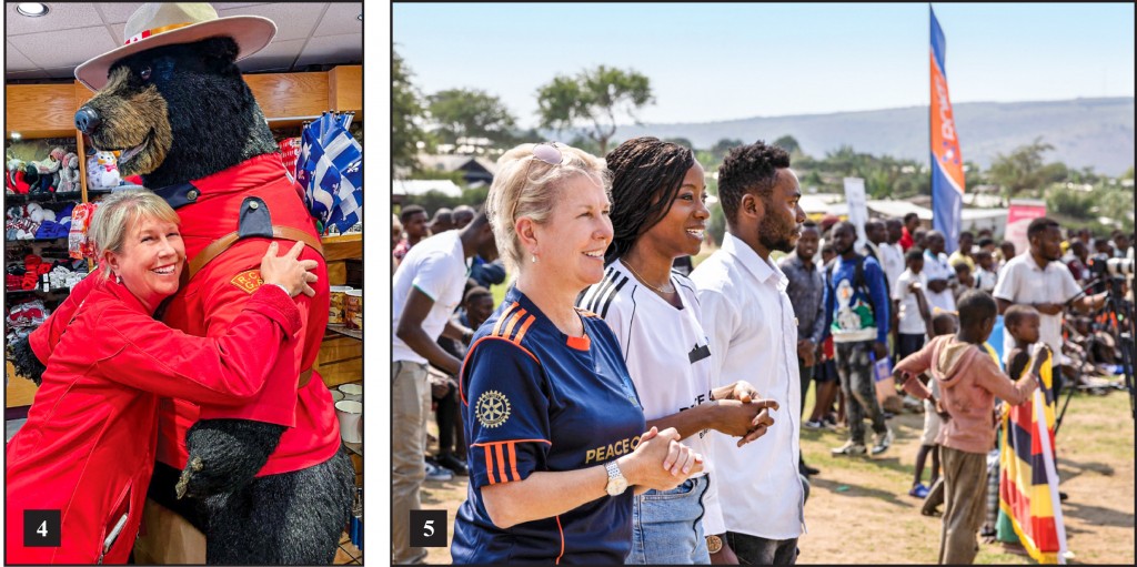 4. In July, at a stop on her Imagine Rotary Canada Tour, Jones hugs a stuffed grizzly bear wearing the red serge tunic of the Royal Canadian Mounted Police. 5. Jones and actor Sibongile Mlambo (centre) have fun at a soccer game at the Nakivale refugee settlement in Uganda.