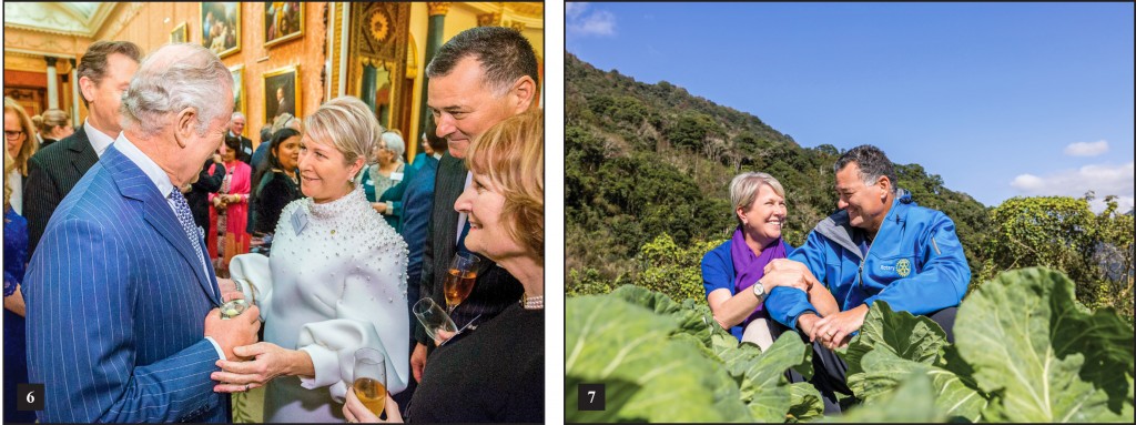 6. Accompanied (at right) by her husband, Nick Krayacich, and Judith Diment, dean of the Rotary Representative Network, Jones greets King Charles III in London on Commonwealth Day. 7. During an Imagine Impact Tour stop in Taiwan, Jones and her husband enjoy a quiet moment while seated in a cabbage patch. 