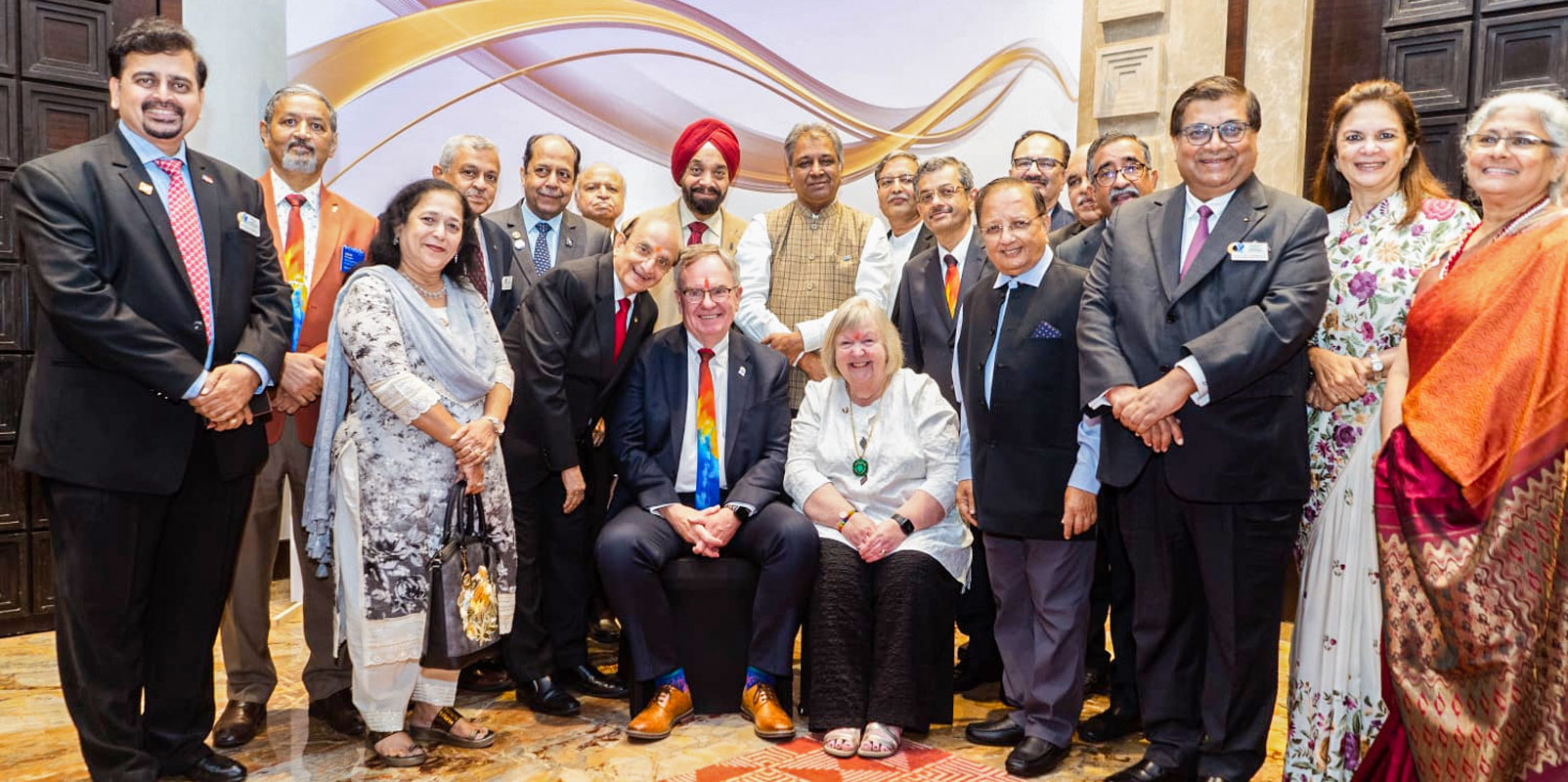 Below: RIPE McInally and Heather with PRID Ashok Mahajan, TRF trustee Bharat Pandya, RIDE Subramanian, his wife Vidhya (right), DG Sandip Agarwalla, his wife Malini, and past governors of RID 3141. DGN Chetan Desai and DGE Arun Bhargava are seen on the left.