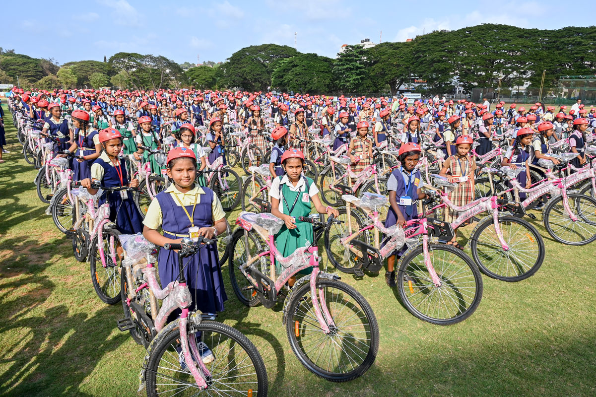 Schoolchildren with bicycles gifted to them by RC Panaji Midtown. 