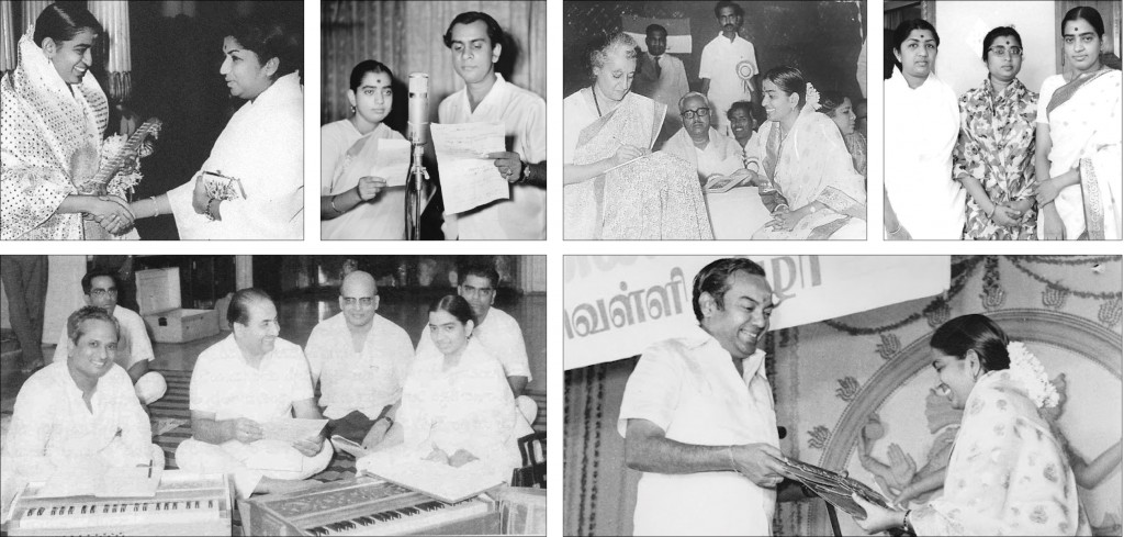 Clockwise from above: P Susheela with Bollywood playback singer Mohammed Rafi (centre); With Lata Mangeshkar; With P B Sreenivas; With former Prime Minister Indira Gandhi; With Lata and Usha Mangeshkar; Susheela with lyricist Kannadasan.
