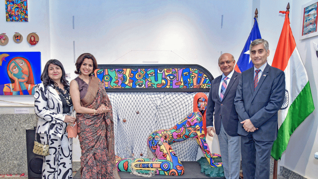 From R: Ambassador of Chile to India Juan Angulo, PRID Kamal Sanghvi, Jjulia Gangwani, past president, Rotary E-club of Progressive Thinkers, and curator Meenu Kumar at the art exhibition.
