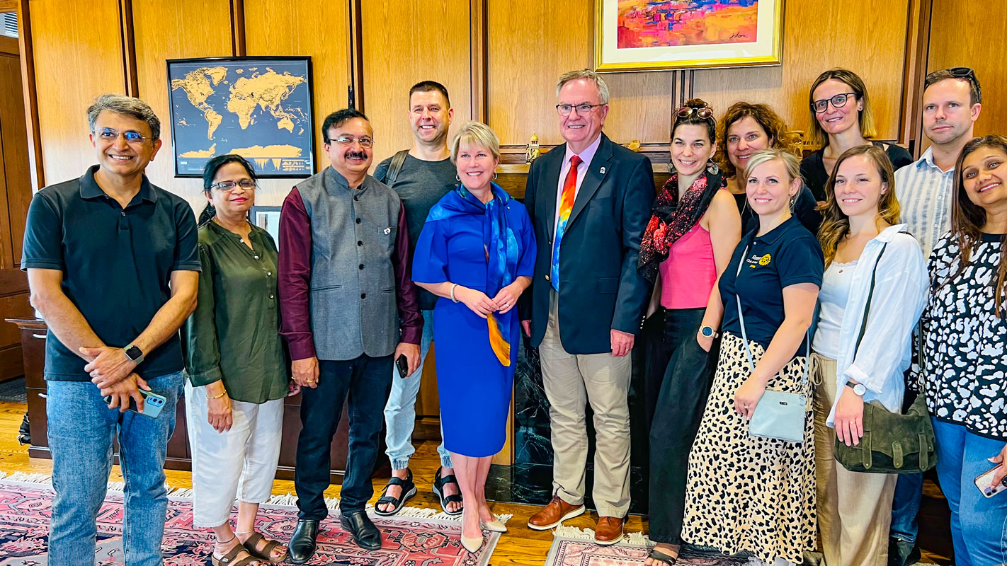 Kishore Rathi (third from L) with his wife Kajal at the Rotary headquarters, after witnessing the change-over ceremony between PRIP Jennifer Jones and RI President Gordon McInally. 