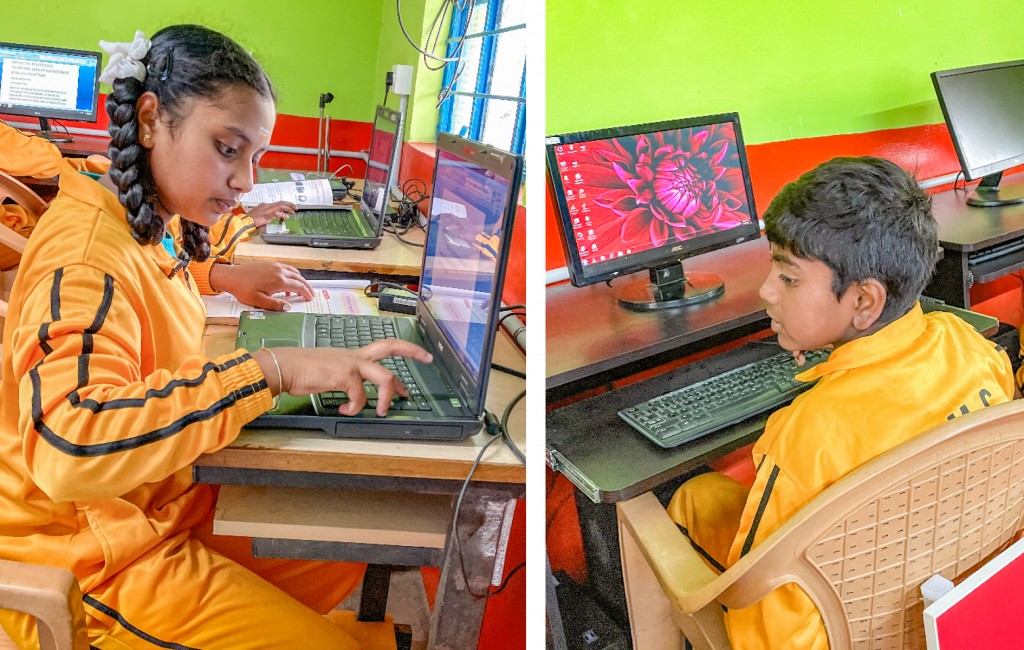 Yalini (L) and Akash (R) working on their systems in the school’s computer room.