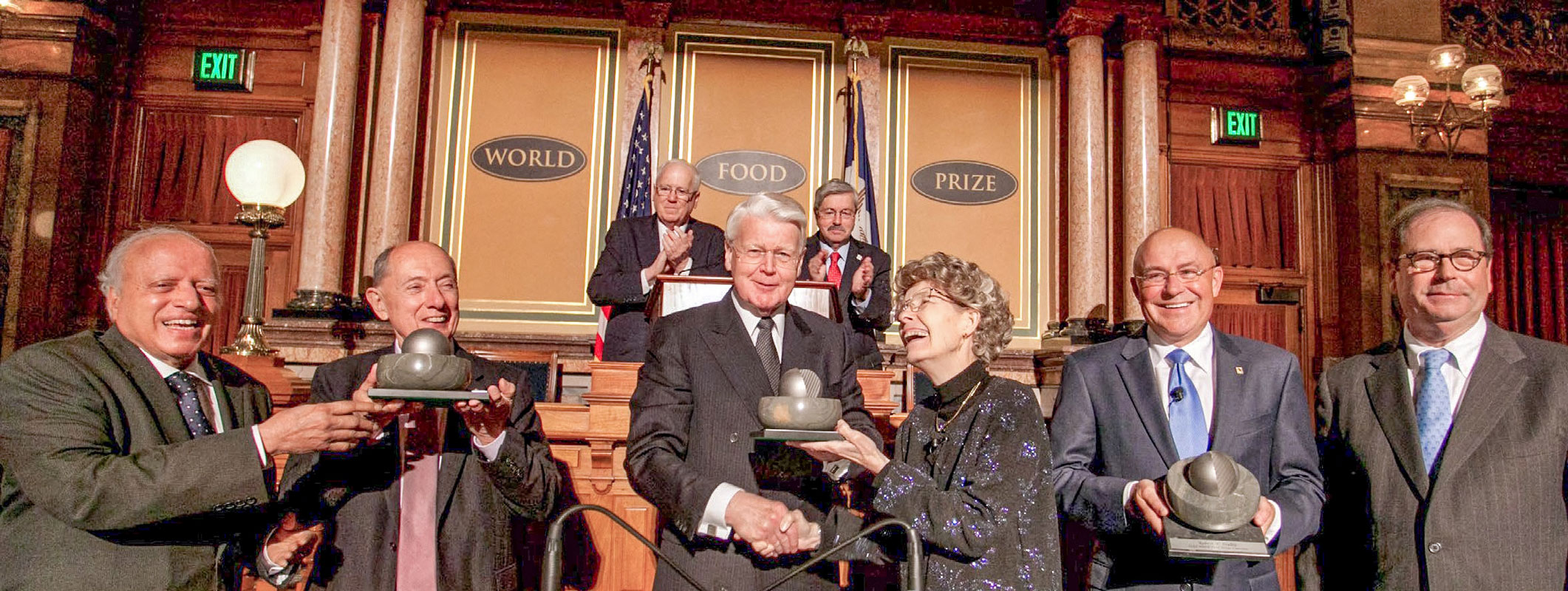 World Food Prize recipient Dr Swaminathan (L) at the 2013 Laureate Award Ceremony held at the Iowa State Capitol in Des Moines.