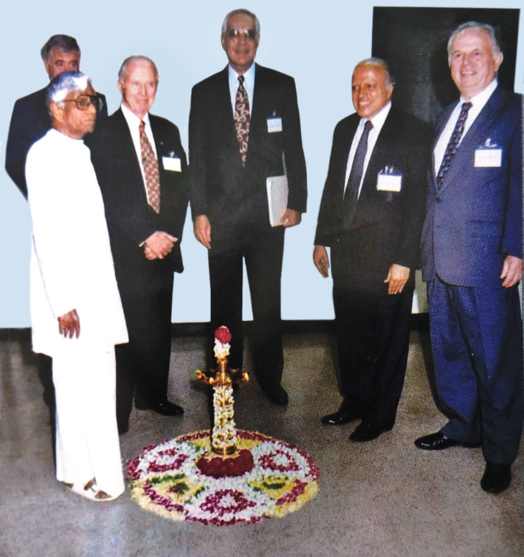 Dr Swaminathan (second from R) with American agronomist and Nobel Laureate Norman Borlaug (third from L) and former Union agriculture minister C Subramaniam (L).