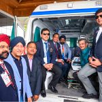 TRF Trustee Vice Chair Bharat Pandya (second from R) with (from R) RC Rourkela Royal past president Ajay Agarwal, DG Manjit Singh Arora, RID 3012 PDG Ashok Aggarwal, club president Sudhir Lath, and DGND Alam Singh Roopra (far left) after inaugurating the ambulance.
